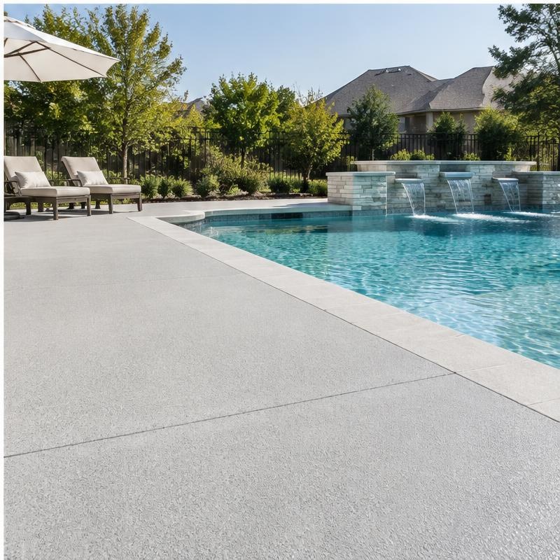 Poolside lounging area with coated concrete deck