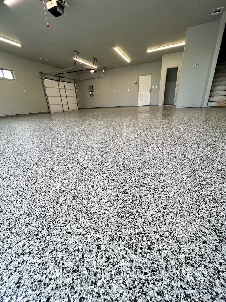Close-up of a finished flake chip floor coating